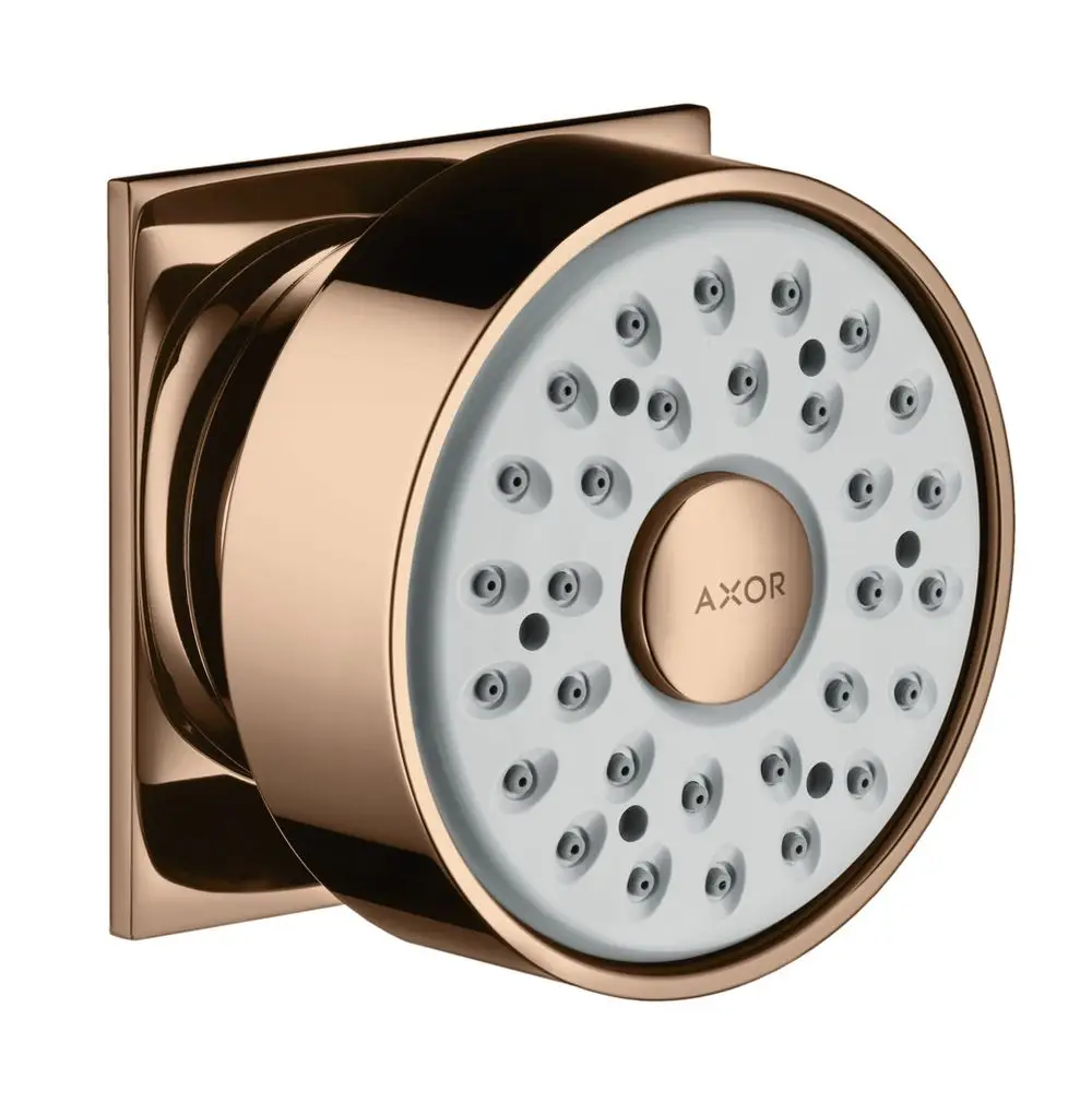 Runde Duschkopf-Variante in Polished Red Gold mit mehreren Duschstrahlen. Produkt von Hansgrohe, geeignet für die Montage in Badezimmer-Installationen.